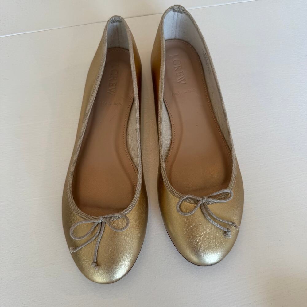 J. Crew Women's Gold Metallic Italian Leather Ballet Flats Size 6.5 Bow Coquette